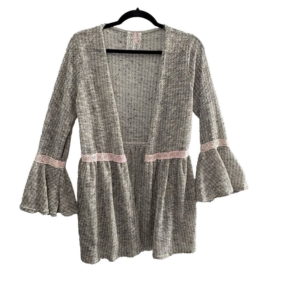 MAUVE Women Open Front Sweater Pink Lace Bell Sleeves Sz M Gray Casual 21-6